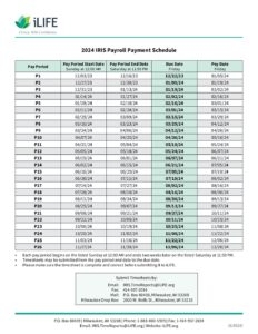 2024 IRIS Payroll Payment Schedule ILIFE Financial Management Services