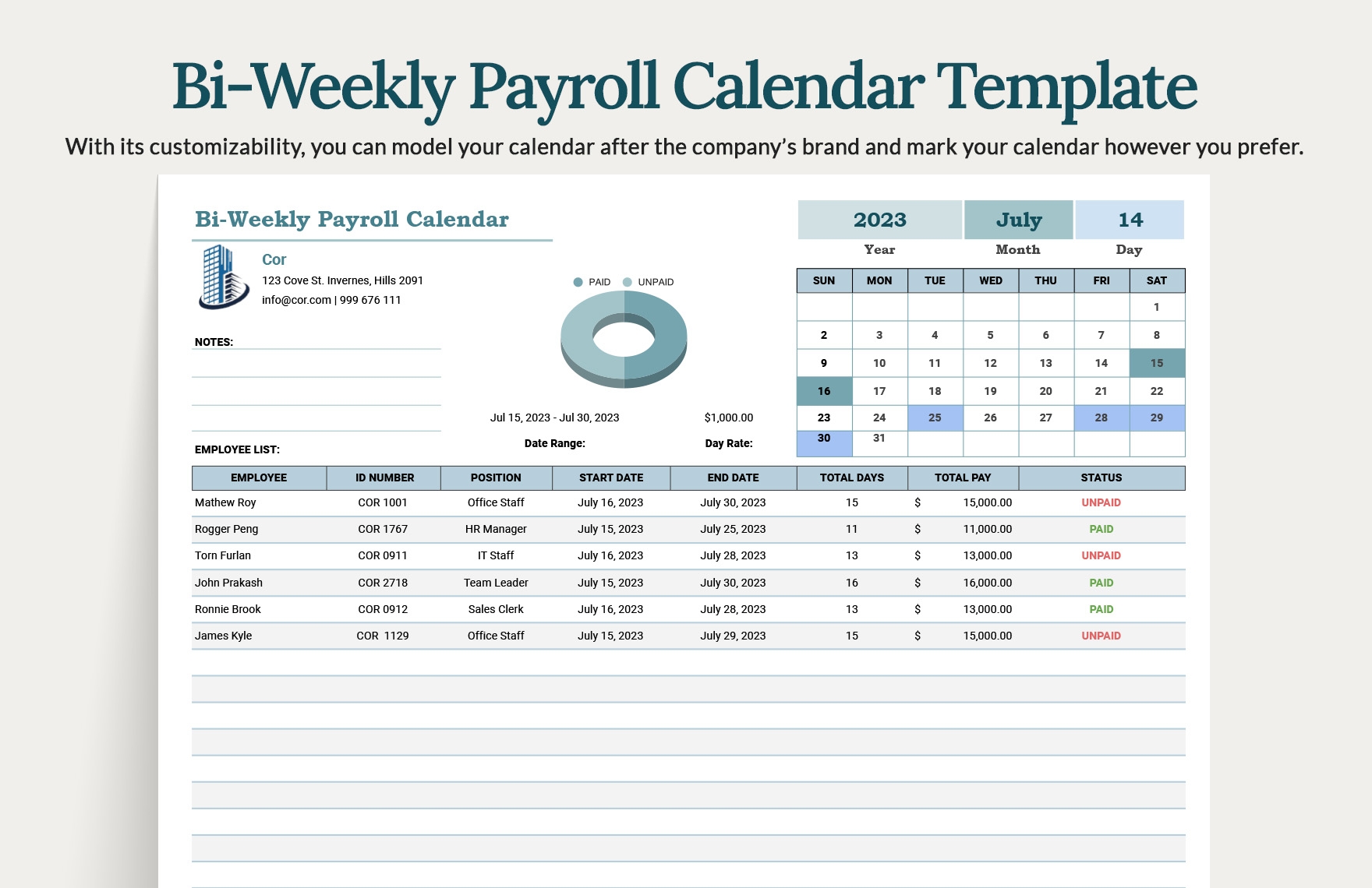 2025 Biweekly Payroll Calendar Template Excel Pdf Printable Drusi Eulalie