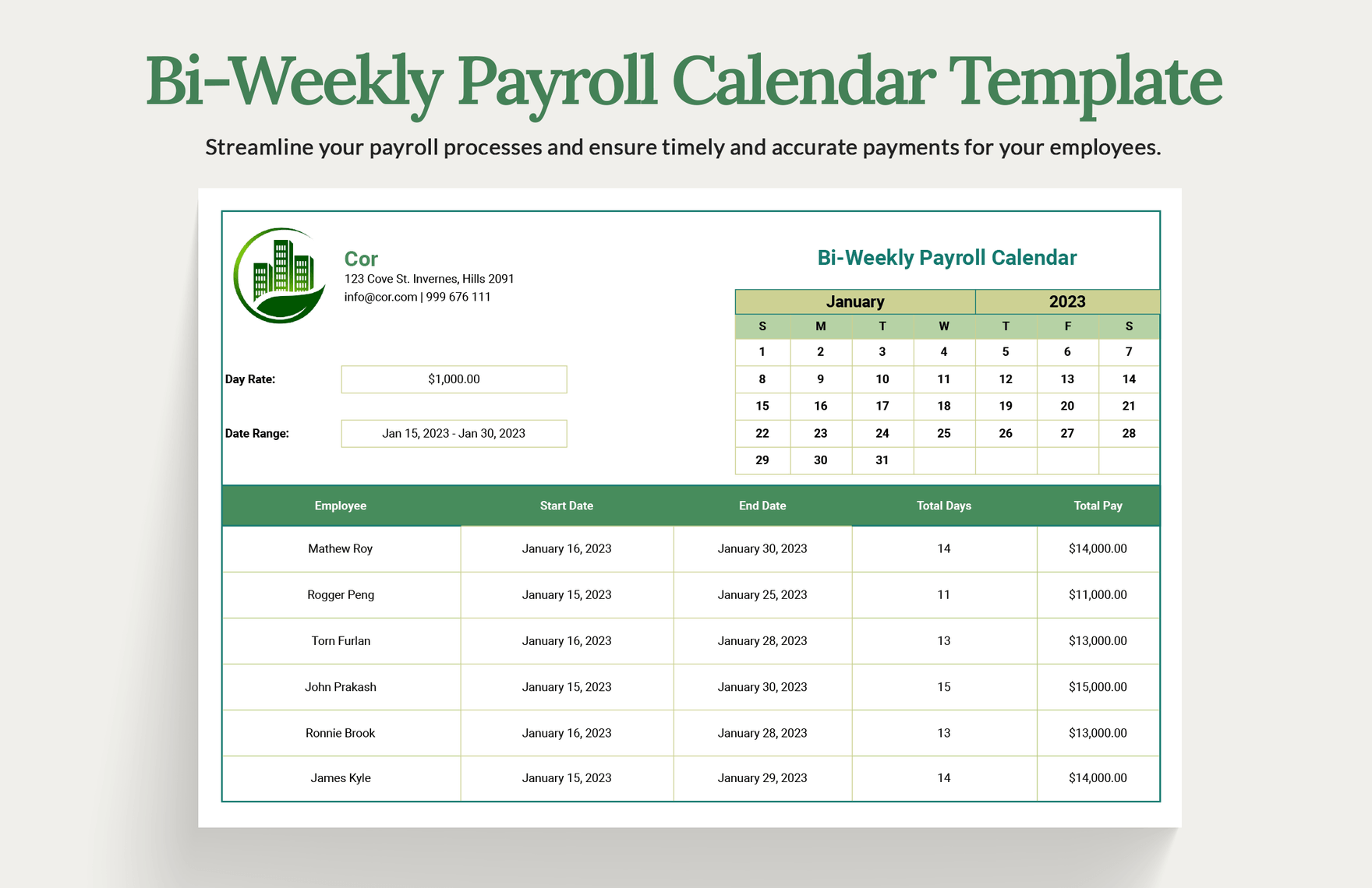 2025 Biweekly Payroll Calendar Template Excel Pdf Printable Herbert N 