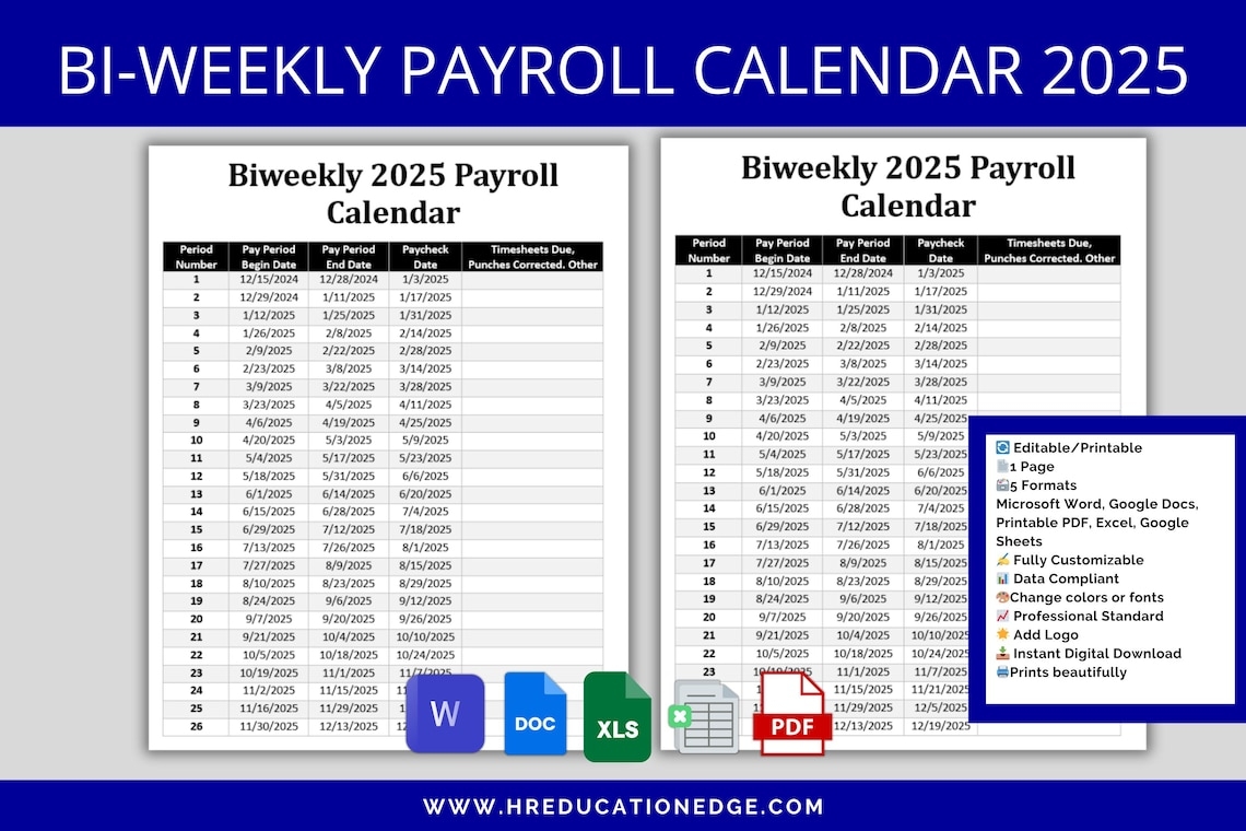 Biweekly Payroll Calendar 2025 MS Editable Word Excel Pay Period Start 