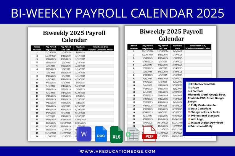 Biweekly Payroll Calendar 2025 MS Editable Word Excel Pay Period 