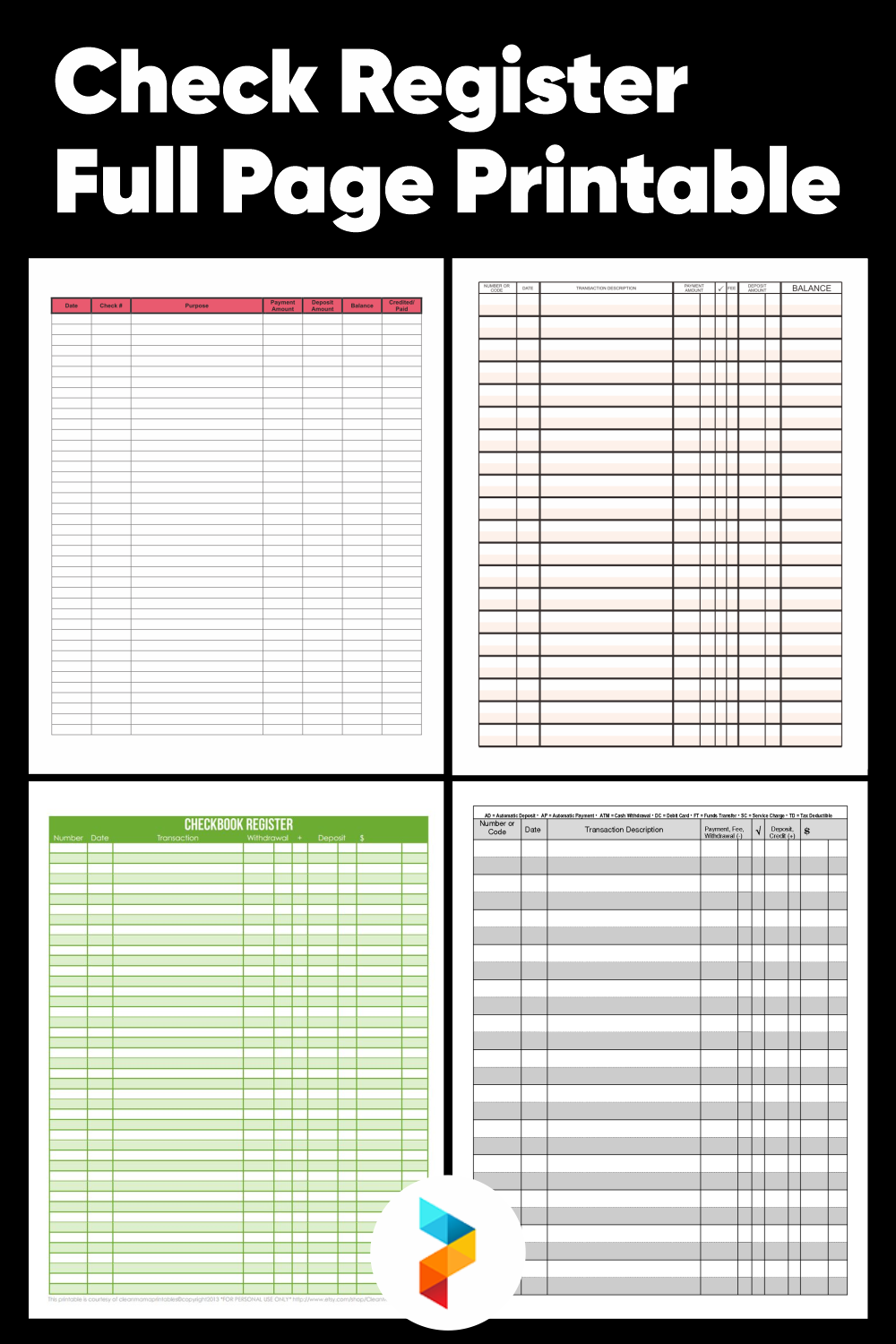 Check Register Full Page Printable In Four Colors And Sizes