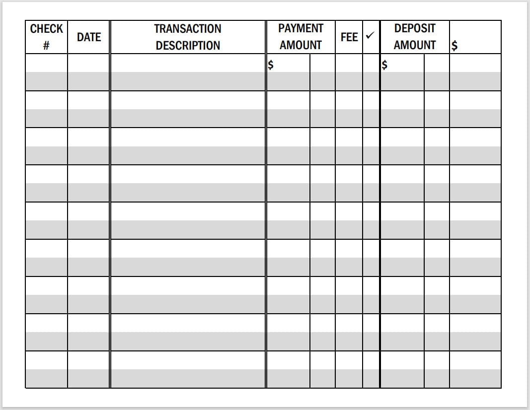 Check Register Full Page Printable Pdf Free