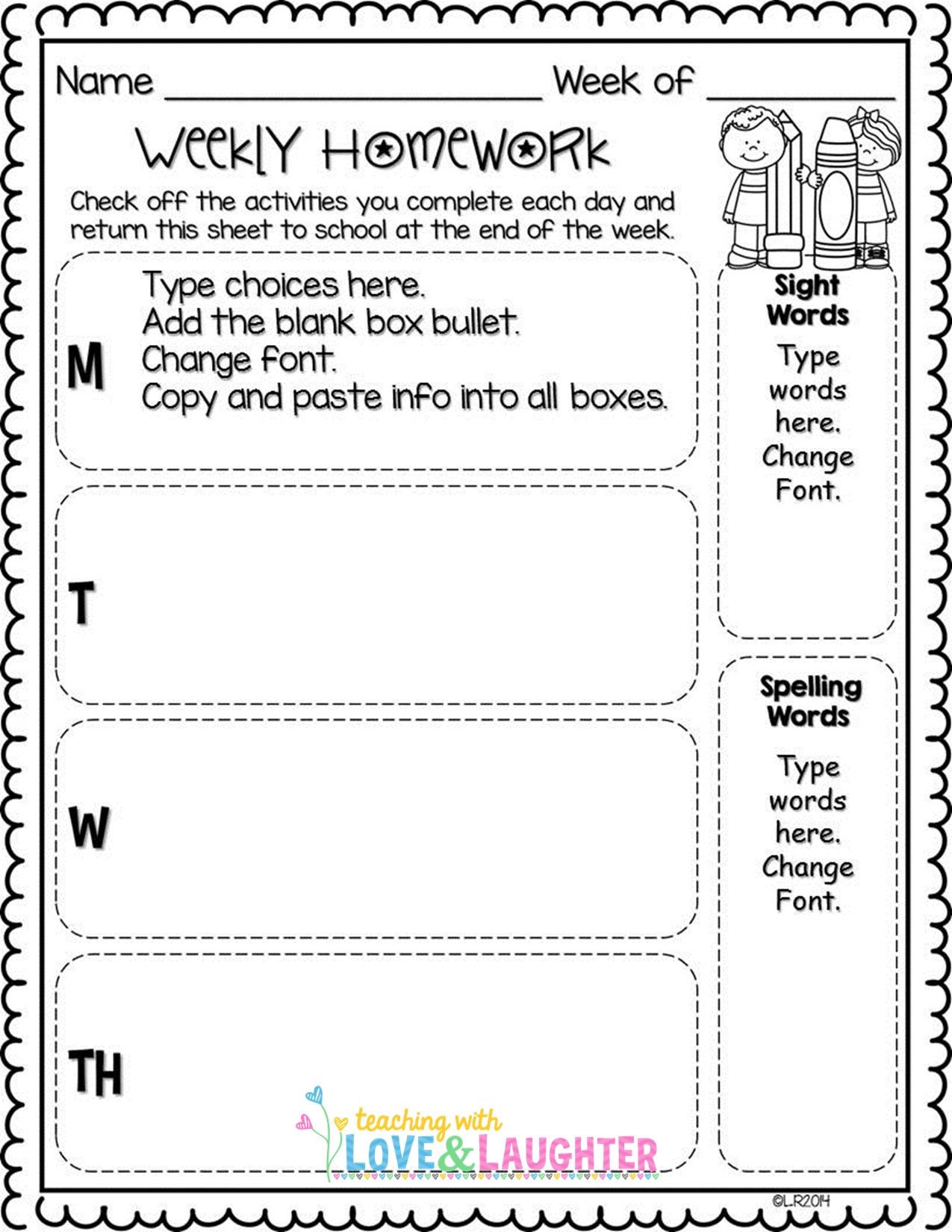 Editable Weekly Homework Checklists Like The Layout But Example 