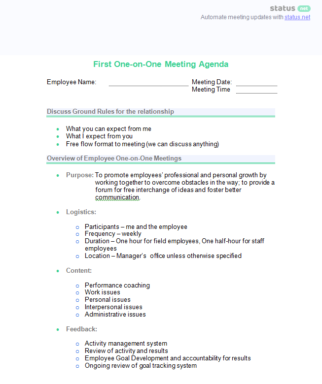 Employee Check In Meeting Printable One On One Meeting Template Free 