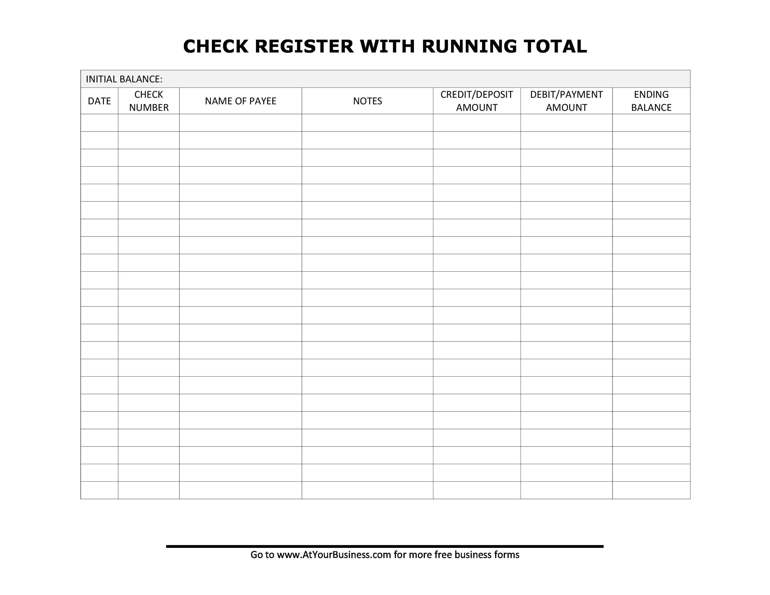 Free Printable Check Register Full Page