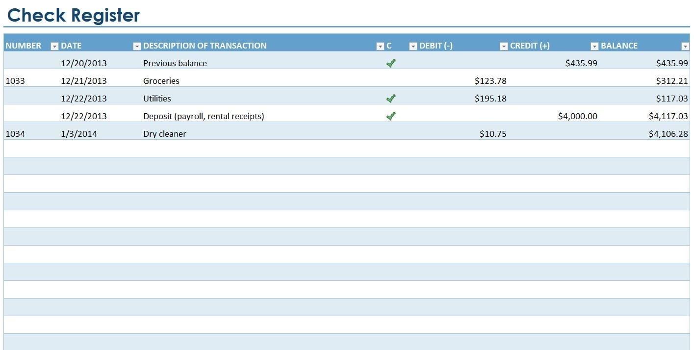 Free Printable Check Register With Running Balance Excel Bank Account 