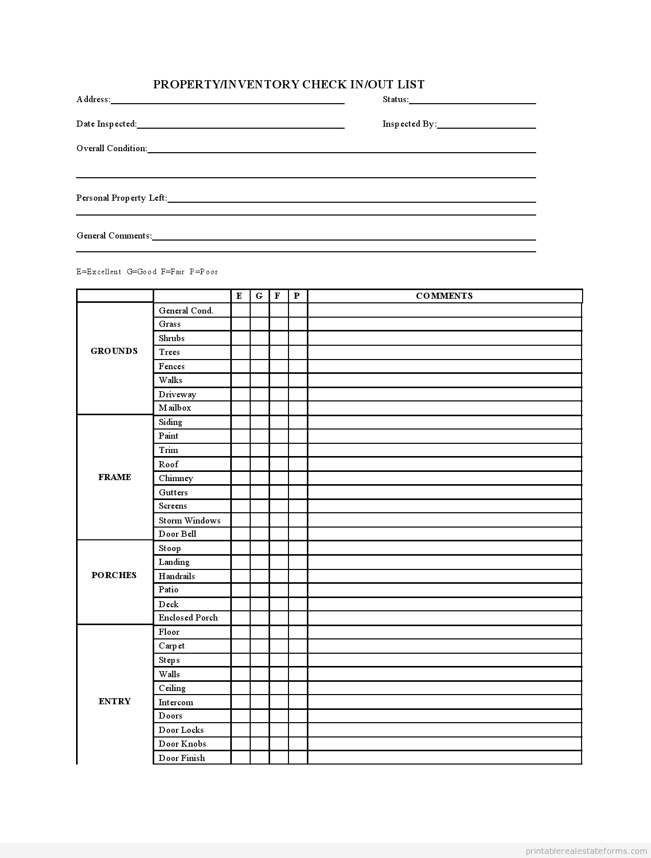 Free Printable Checkin out List Form PDF WORD 