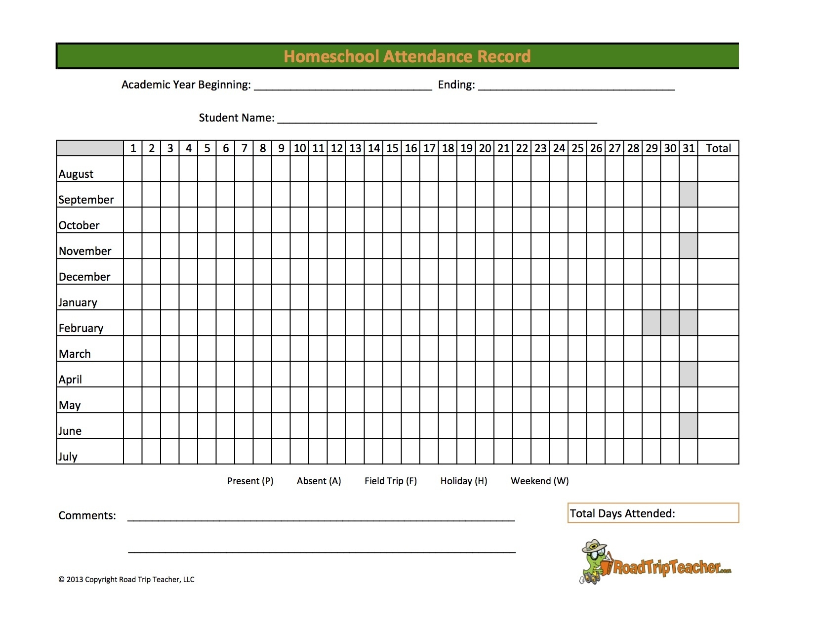 Free Printable Homeschool Attendance Sheet Printable Online
