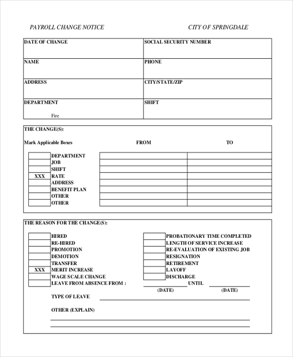 Free Printable Payroll Change Form Printable Forms Free Online
