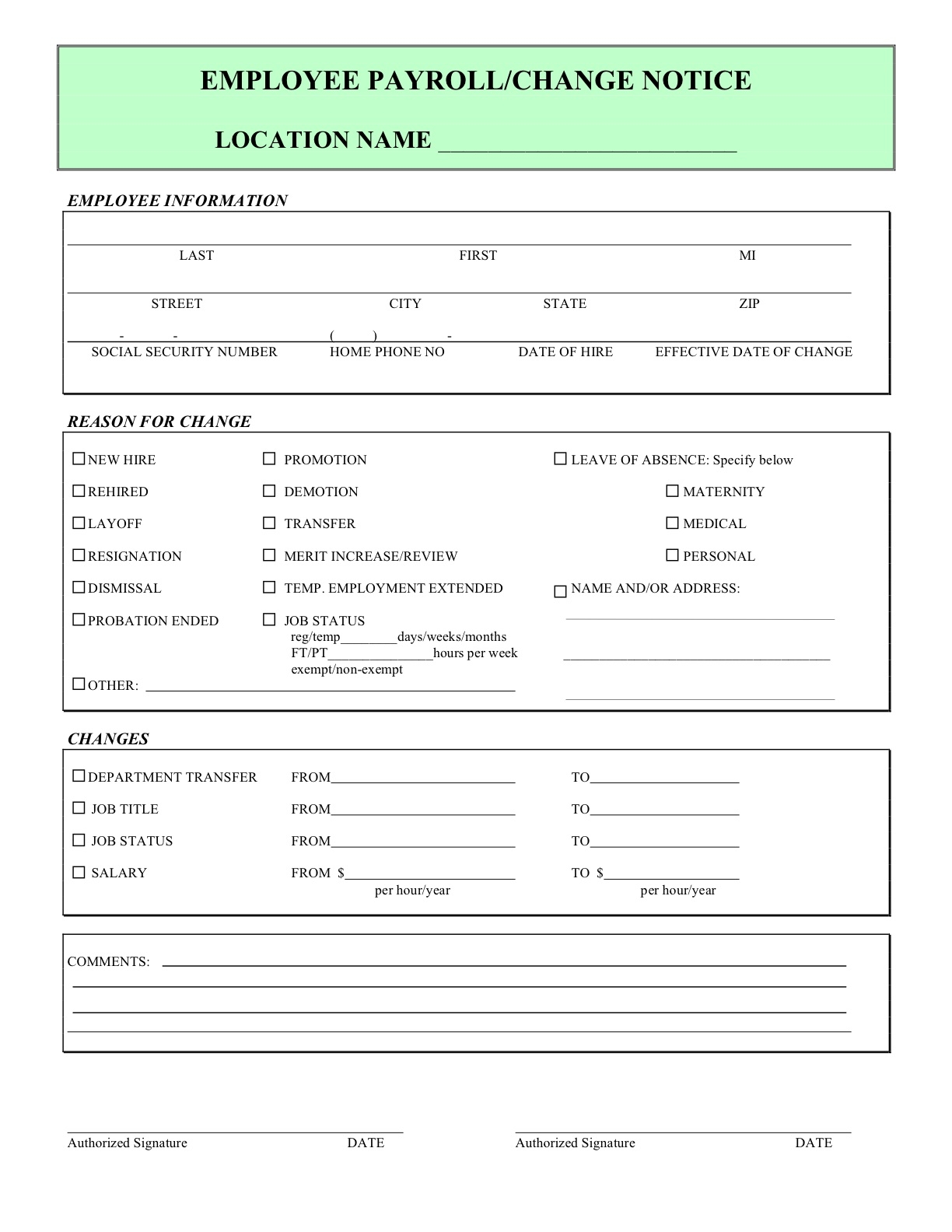 Free Printable Payroll Change Form Printable Forms Free Online