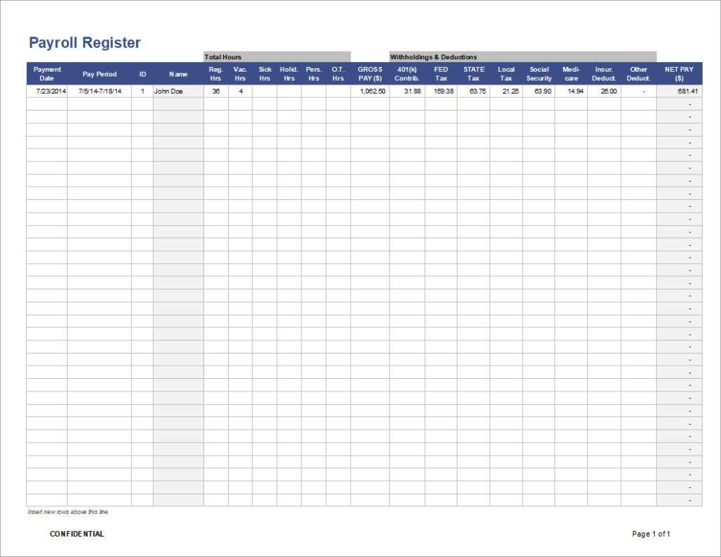 Free Printable Payroll Register Template Fillable Form 2025