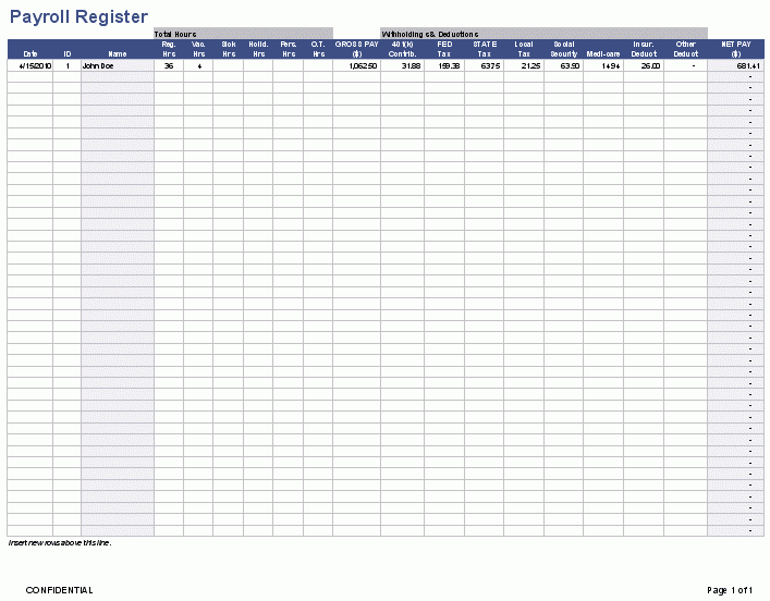 Free Printable Payroll Register Template Printable Templates