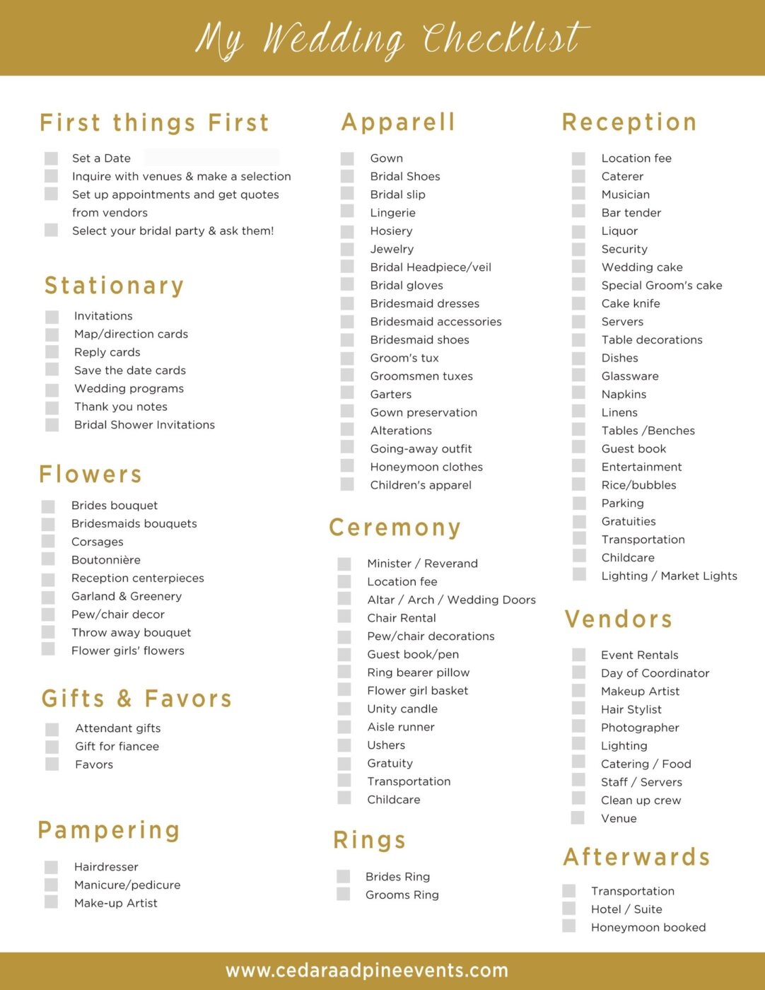 Free Printable Wedding Planning Check List Cedar And Pine Events
