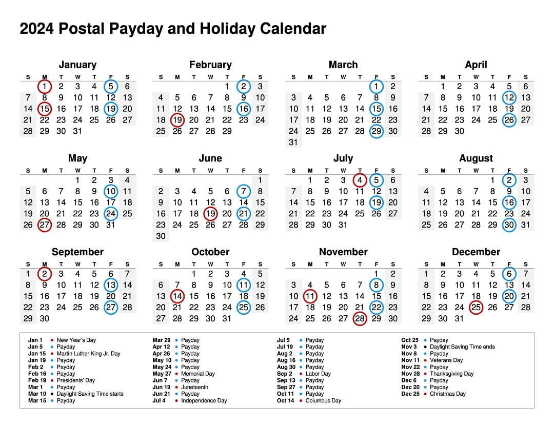 New 2024 Printable Postal Holiday And Payday Calendar Ruralinfo