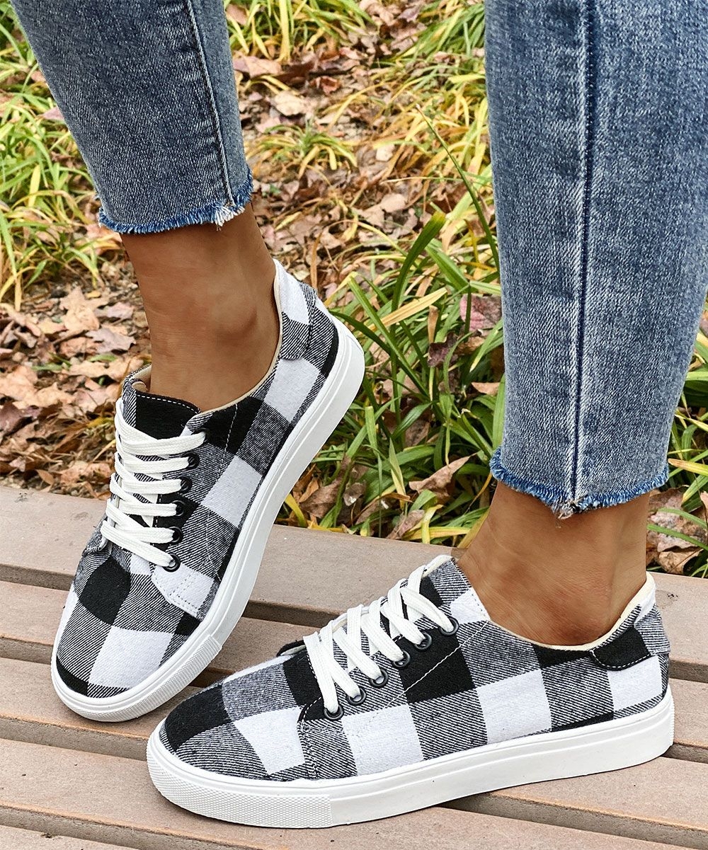 PAOTMBU Black White Buffalo Check Sneaker Womens Sneakers White 