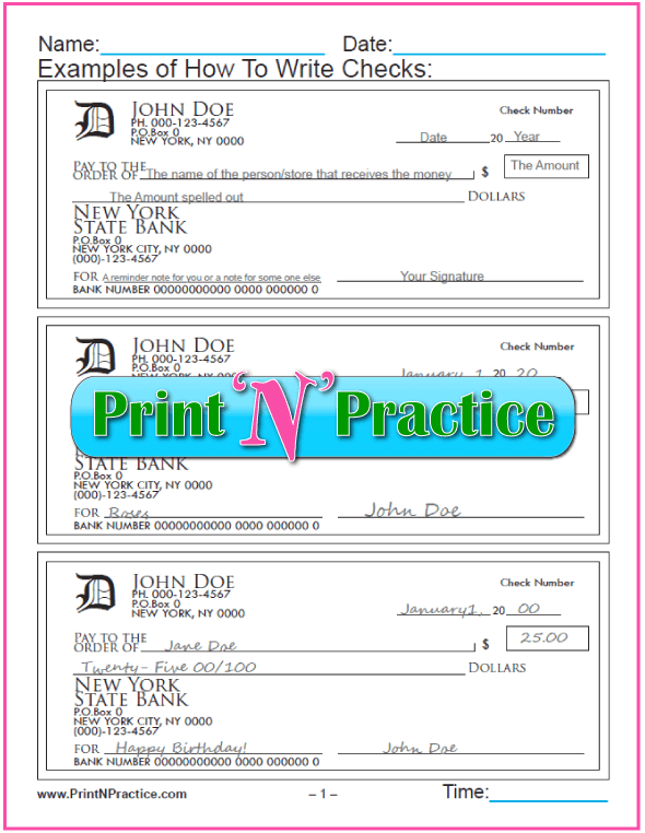 Printable Checks For Practice Writing