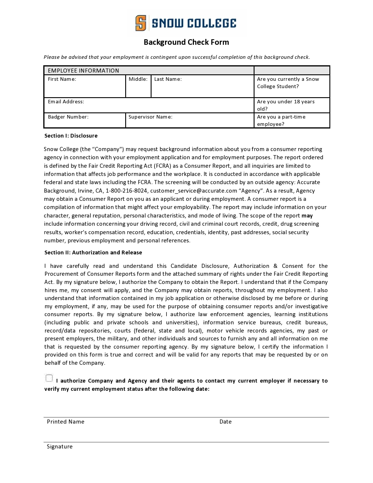 Printable Employment Background Check Form
