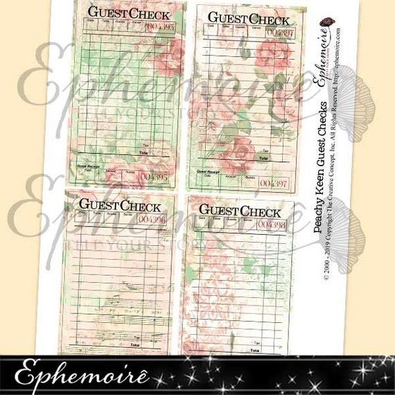 Printable GUEST CHECKS Peach Roses Rose Guest Check Printable Ephemera 