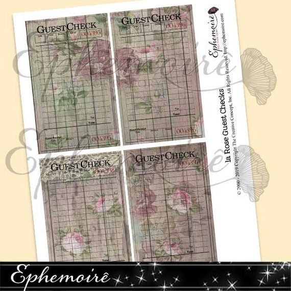 Printable GUEST CHECKS Pink Roses Rose Guest Check Printable Ephemera