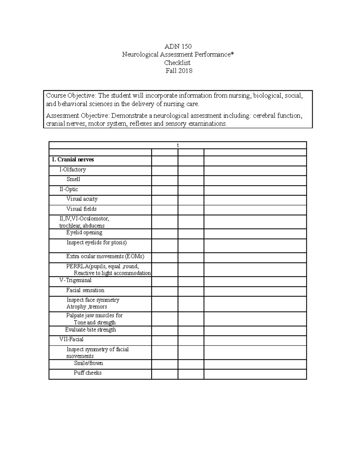 Printable Neuro Assessment Form Printable Forms Free Online