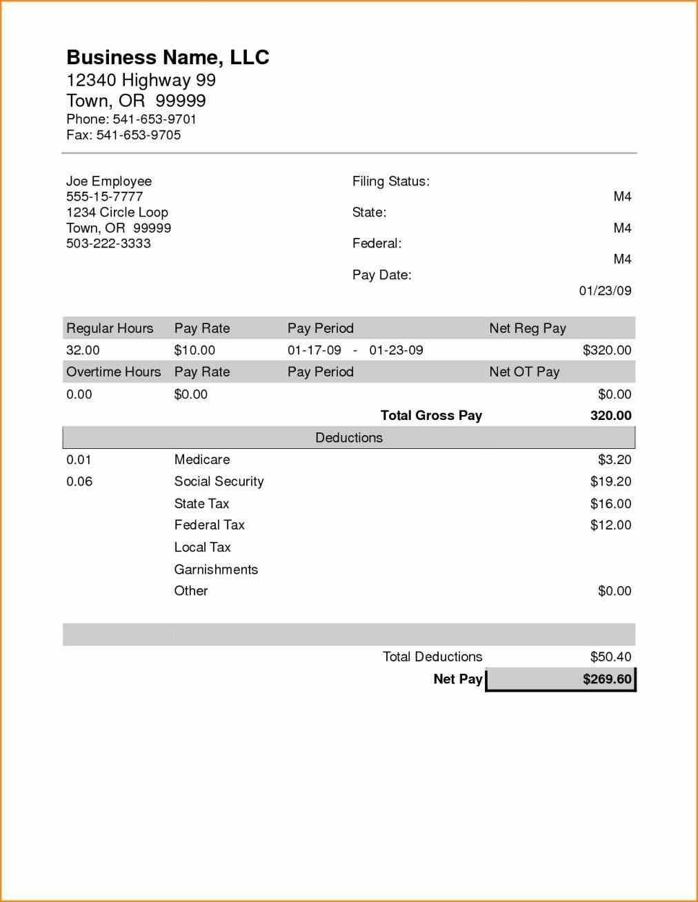Printable Pay Stub Template Free Free Printable