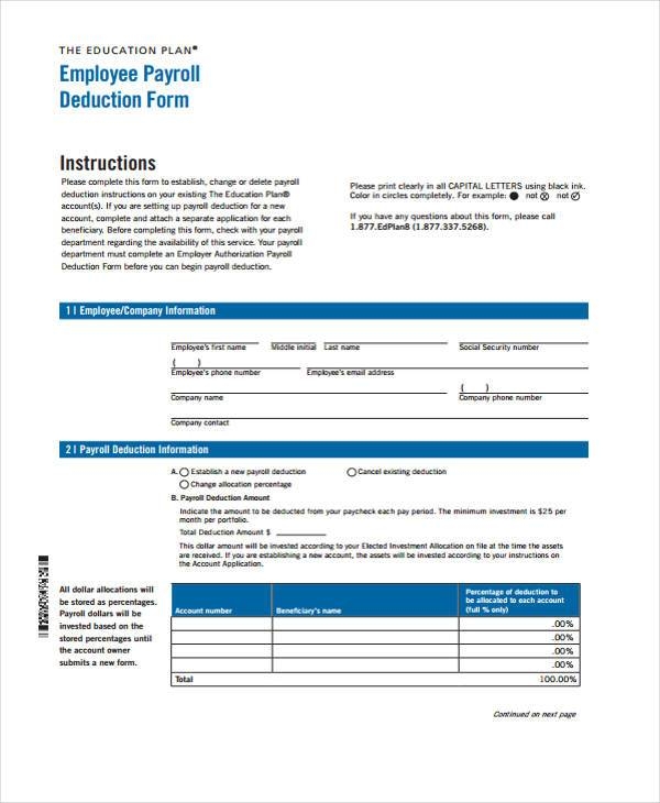 Printable Payroll Deduction Form Printable Forms Free Online