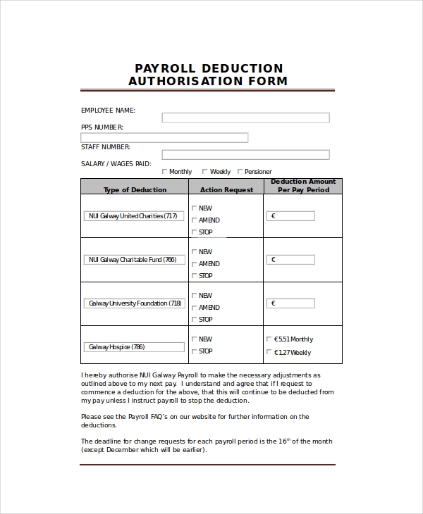 Printable Payroll Deduction Form Template Printable Templates Free