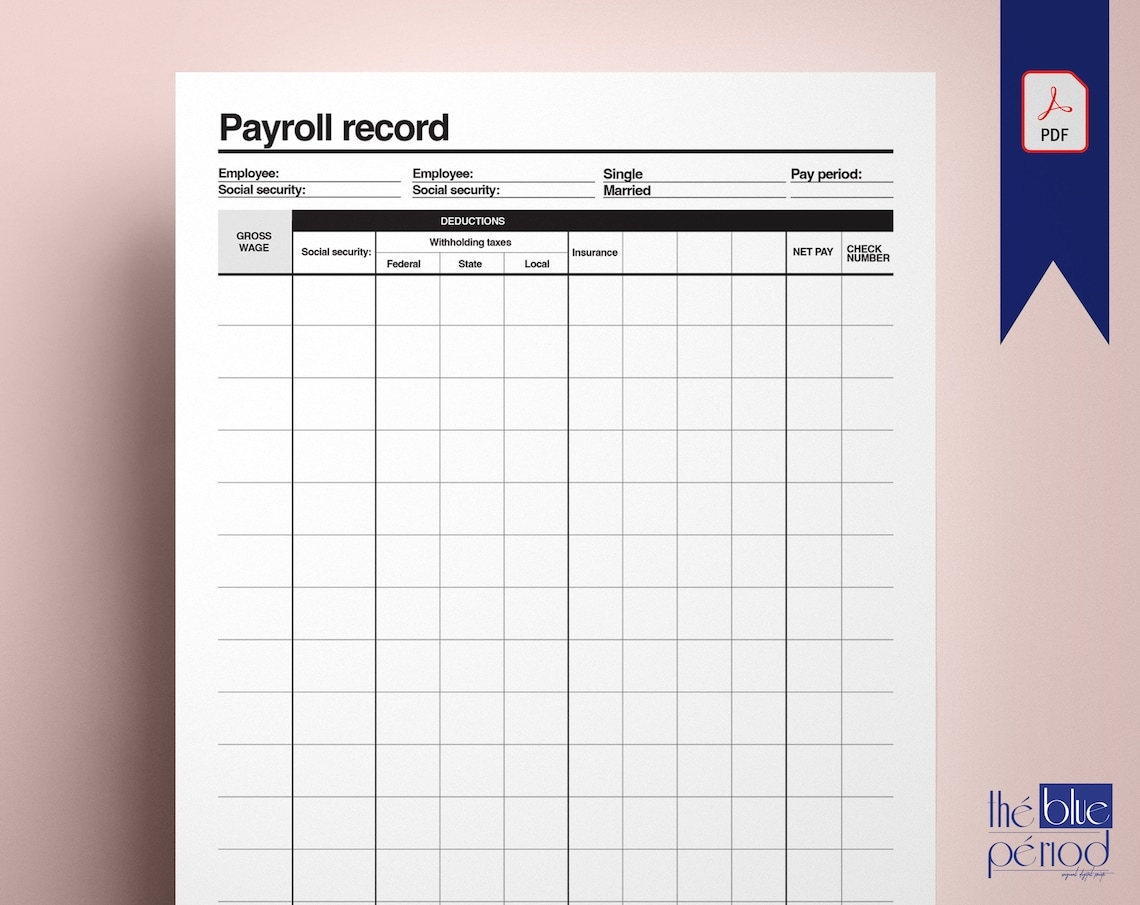 Printable Payroll Record Template Etsy