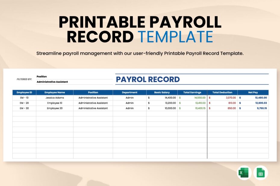 Printable Payroll Record Template In Excel Google Sheets Download