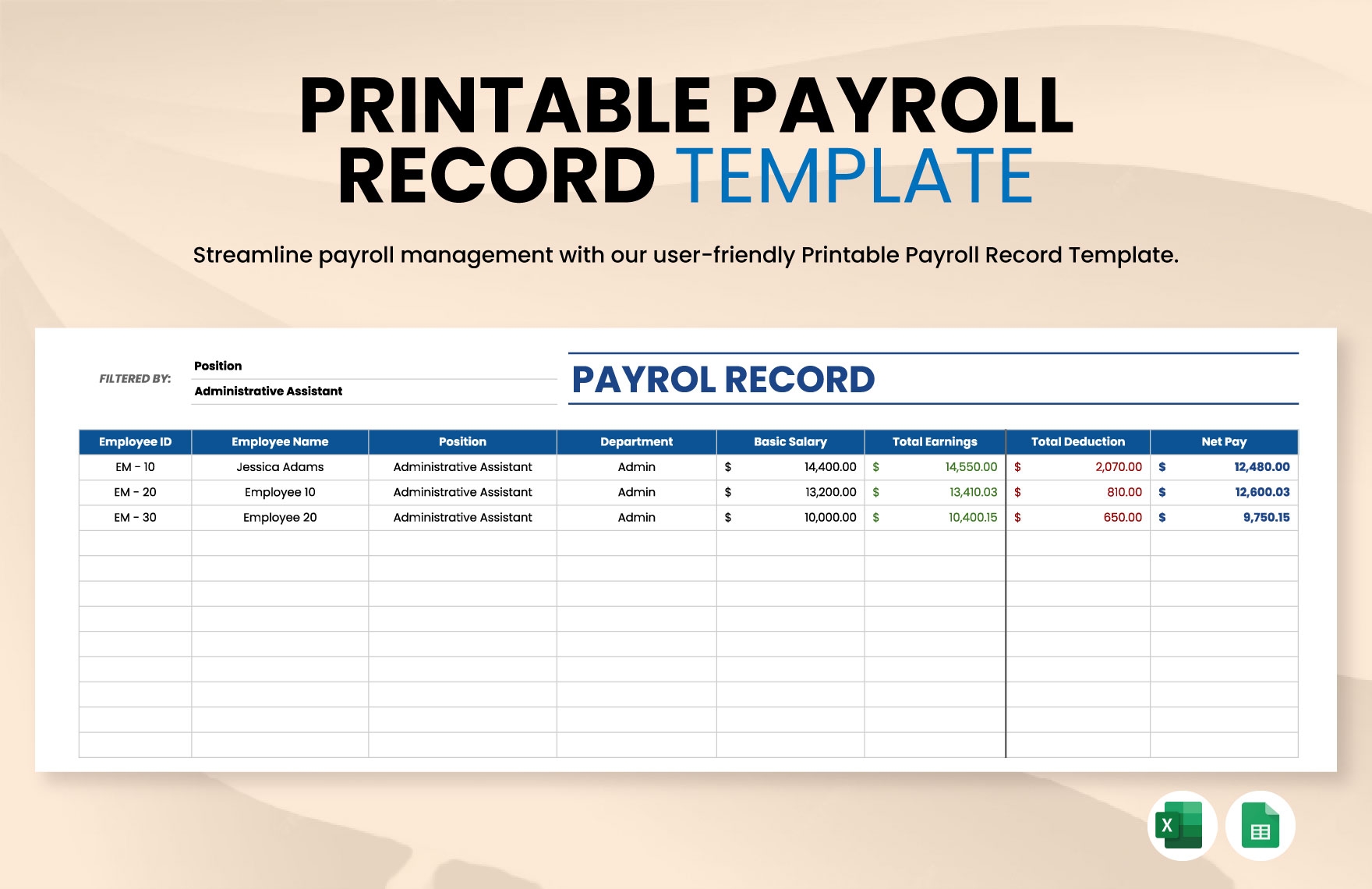 Printable Payroll Record Template In Excel Google Sheets Download 