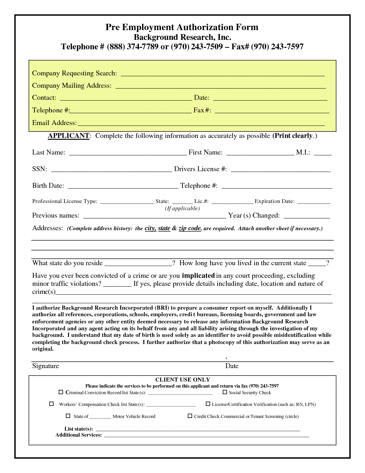 Printable Pre Employment Background Check Authorization Form 