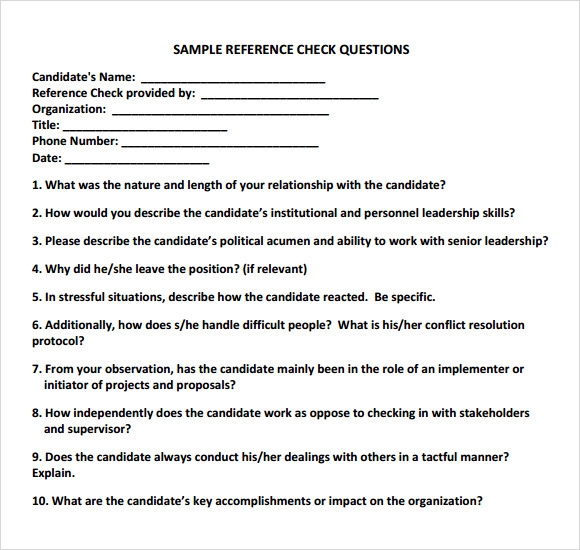 Printable Reference Check Questions Template Printable Templates