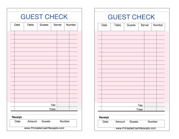 Printable Restaurant Guest Check Receipt Template