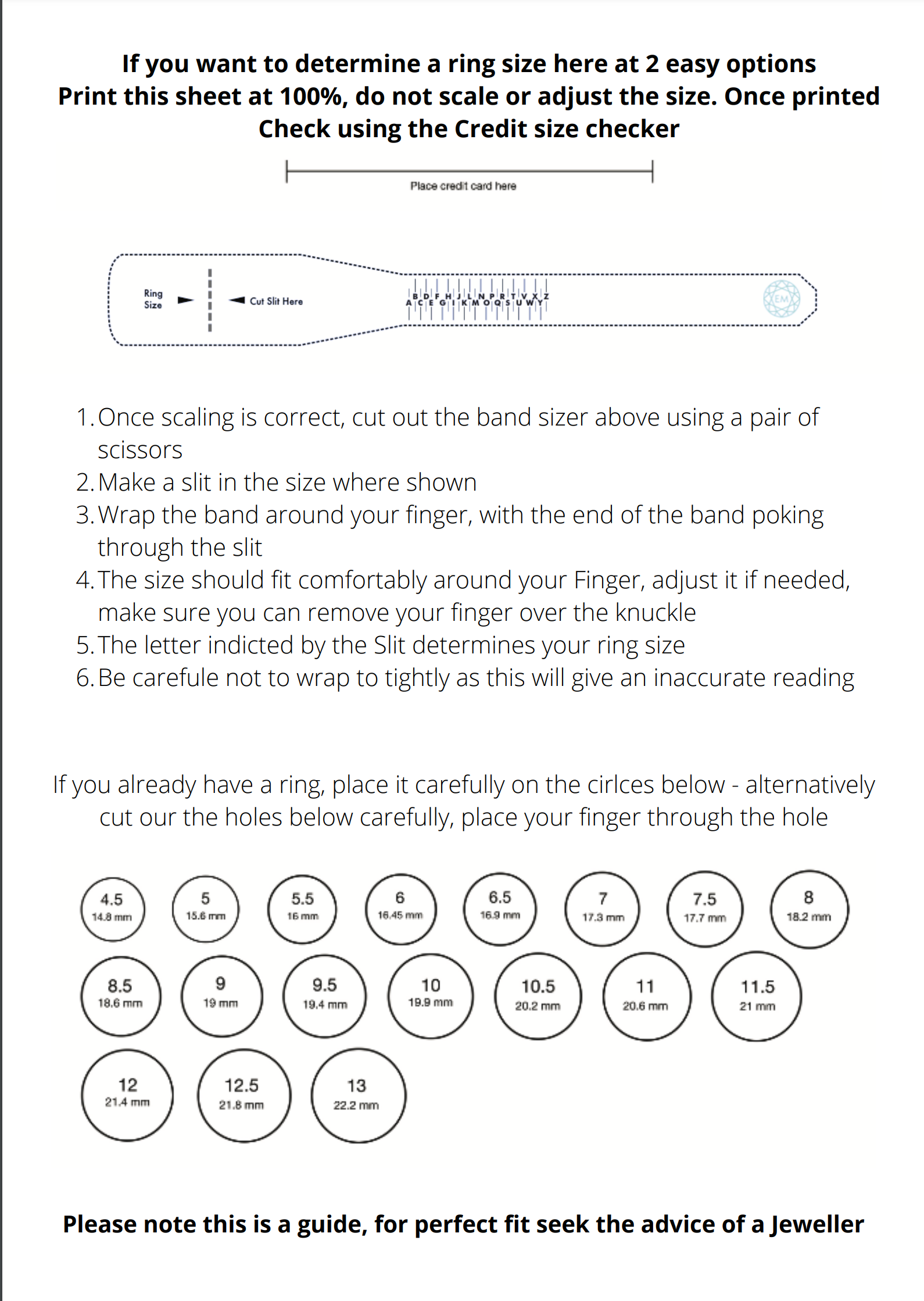 Printable Ring Size Chartring Size Finderring Sizing Guide 
