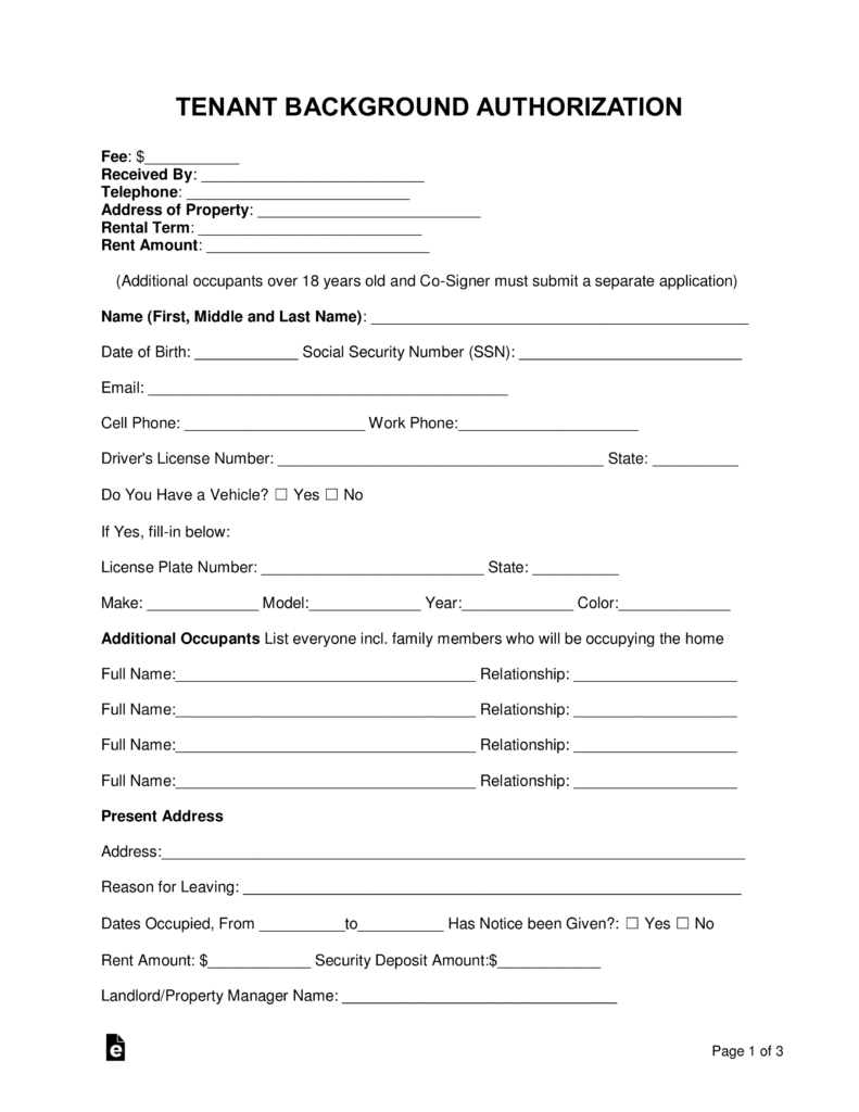 Printable Tenant Background Check Form Printable Forms Free Online