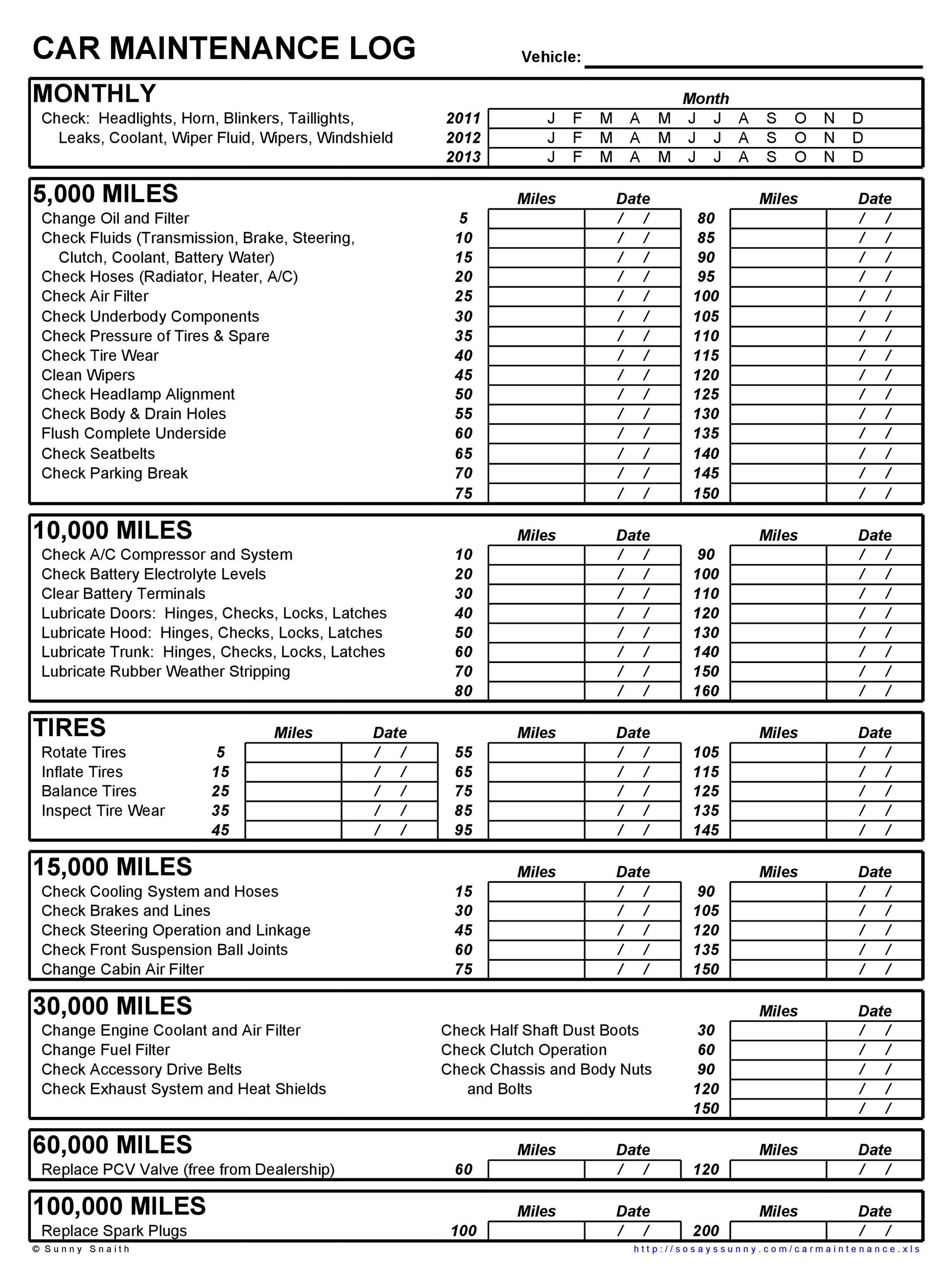 Printable Vehicle Service Sheet Template
