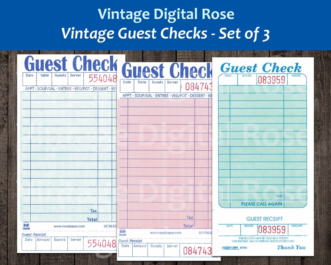 Vintage Printable Guest Checks Blank Unused Receipts Set Of 3 Three 