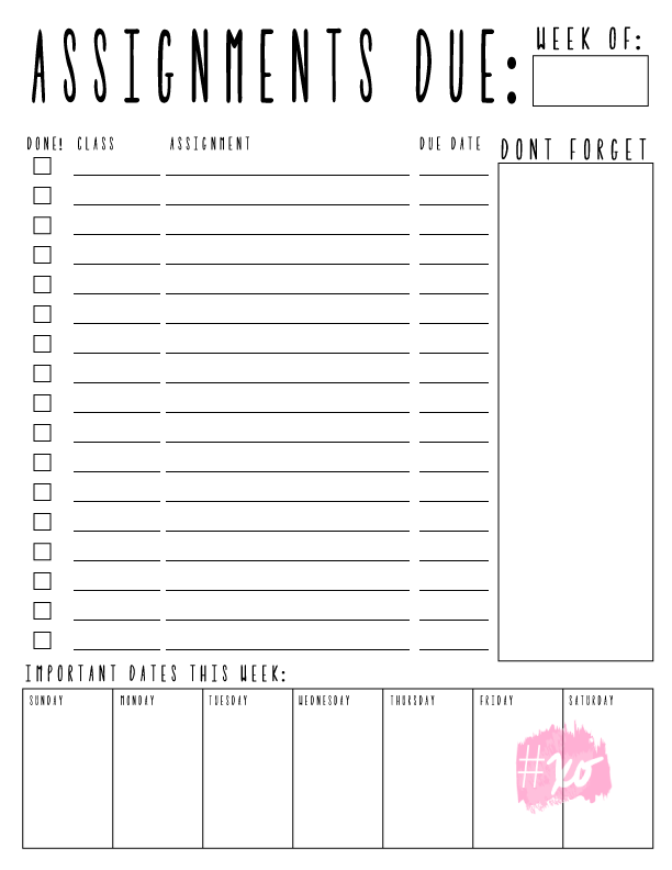 Weekly Assignments Printable Alex Marie School Organisation School 