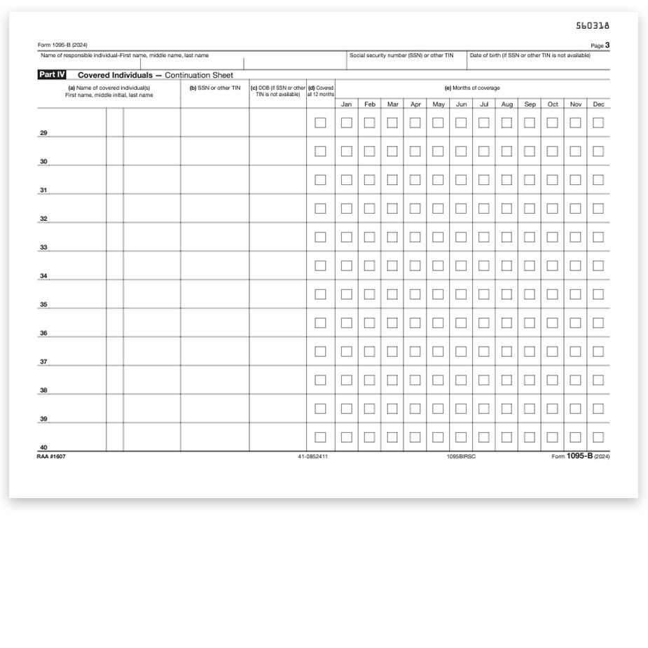 1095 B Continuation Forms IRS Half Sheet Format
