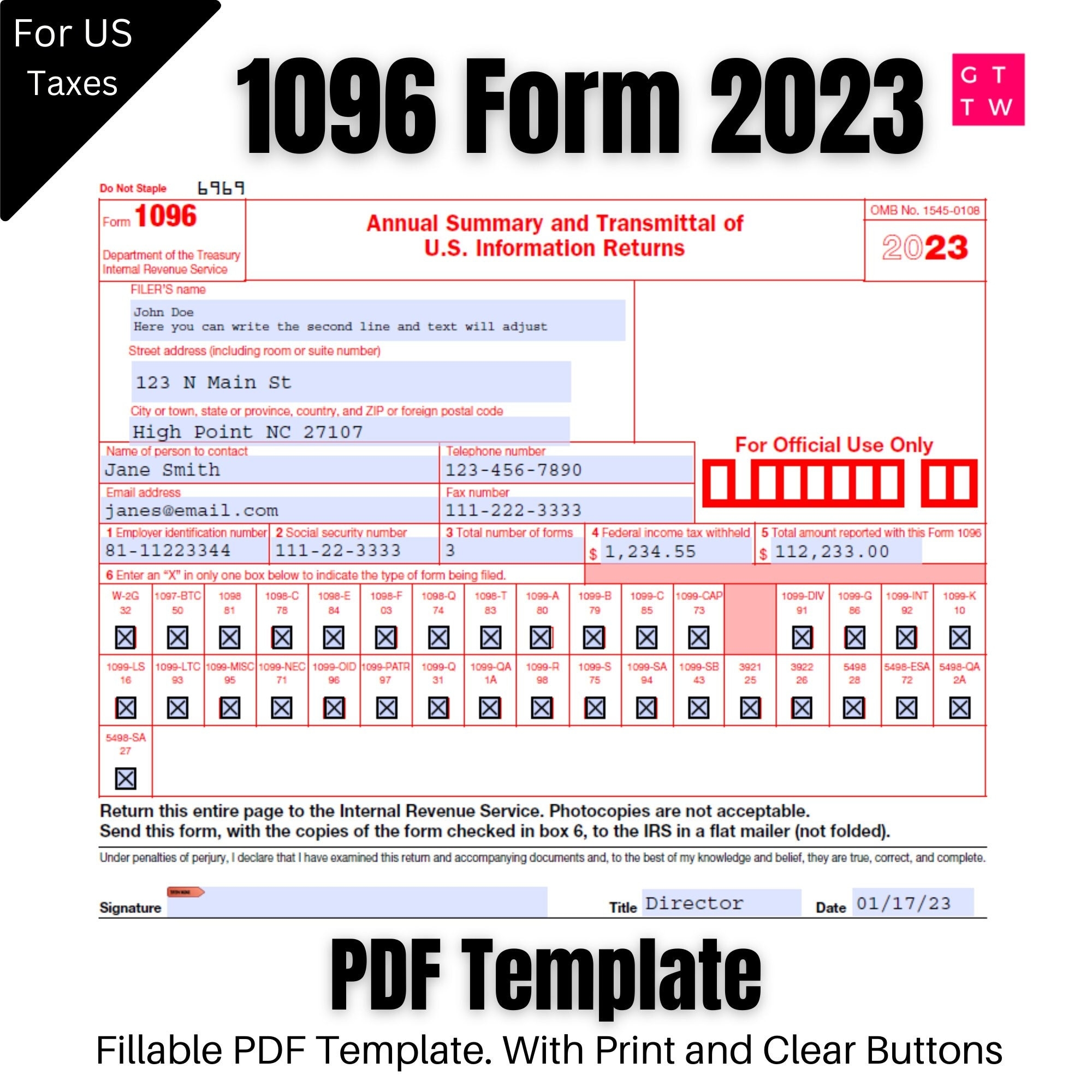 1096 IRS PDF Fillable Template 2023 2024 With Print And Clear Buttons Courier Font Digital Download Etsy