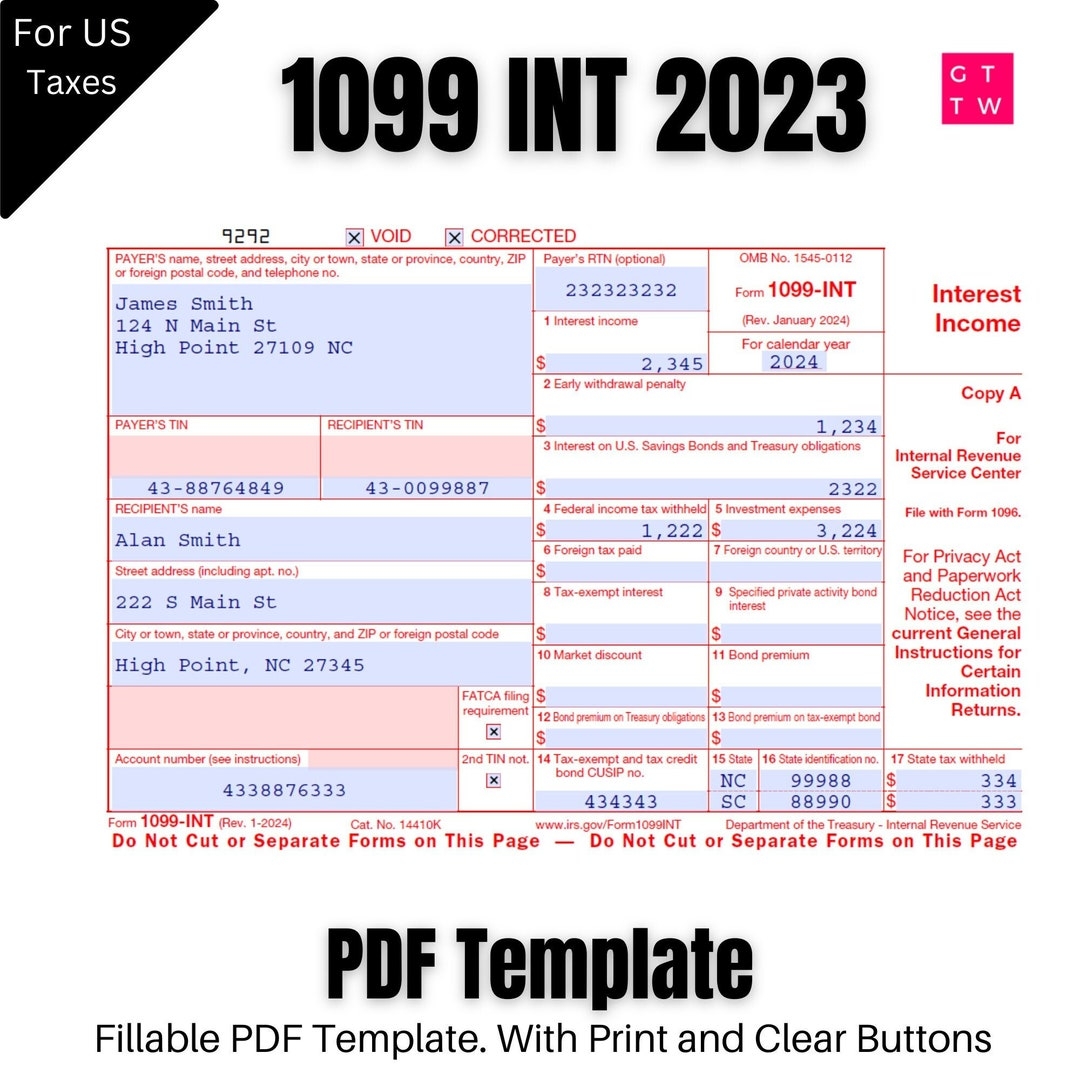 1099 INT Form PDF Template 2024 2023 With Print And Clear Buttons Etsy