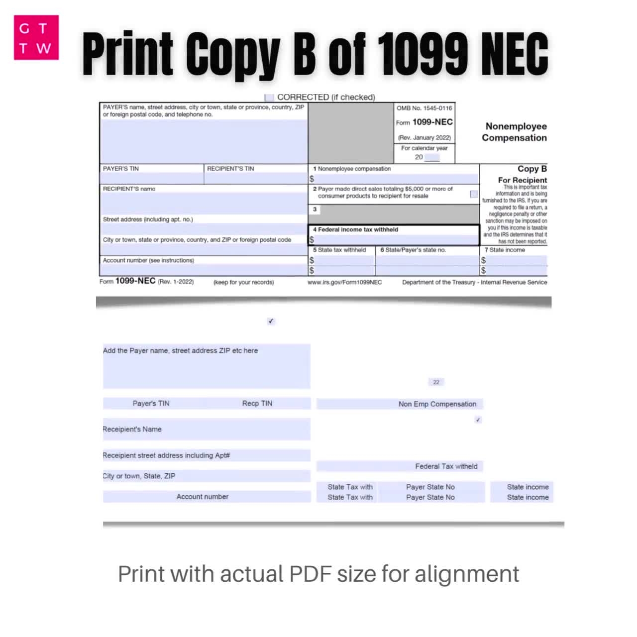 1099 NEC Editable PDF Fillable Template 2022 With Print And Clear Buttons Courier Font