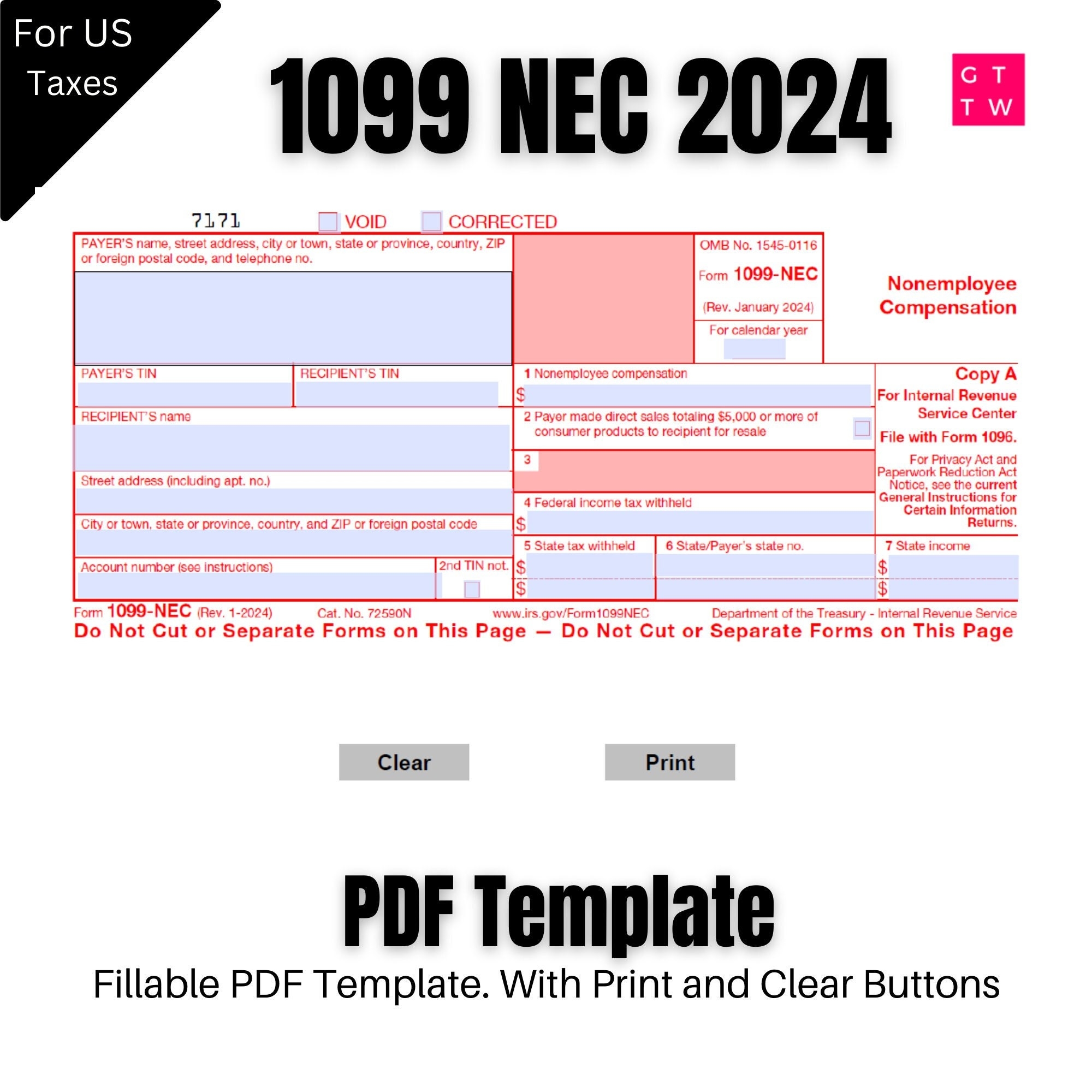 1099 NEC Editable PDF Fillable Template 2024 With Print And Clear Buttons Courier Font Etsy
