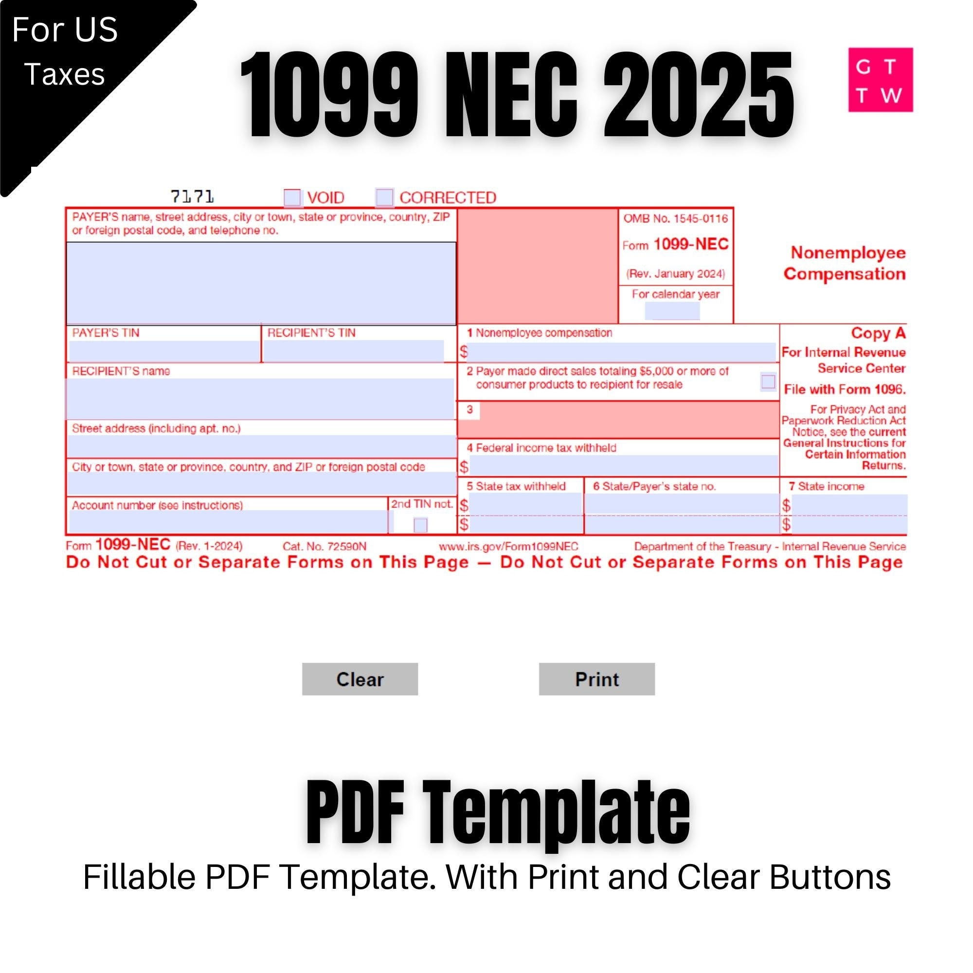 1099 NEC Editable PDF Fillable Template 2025 With Print And Clear Buttons Courier Font Etsy