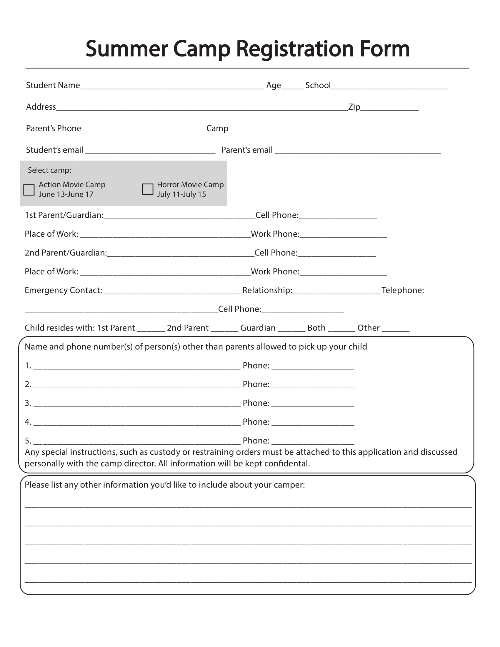 15 Summer Camp Registration Form Samples PDF MS Word Google Docs