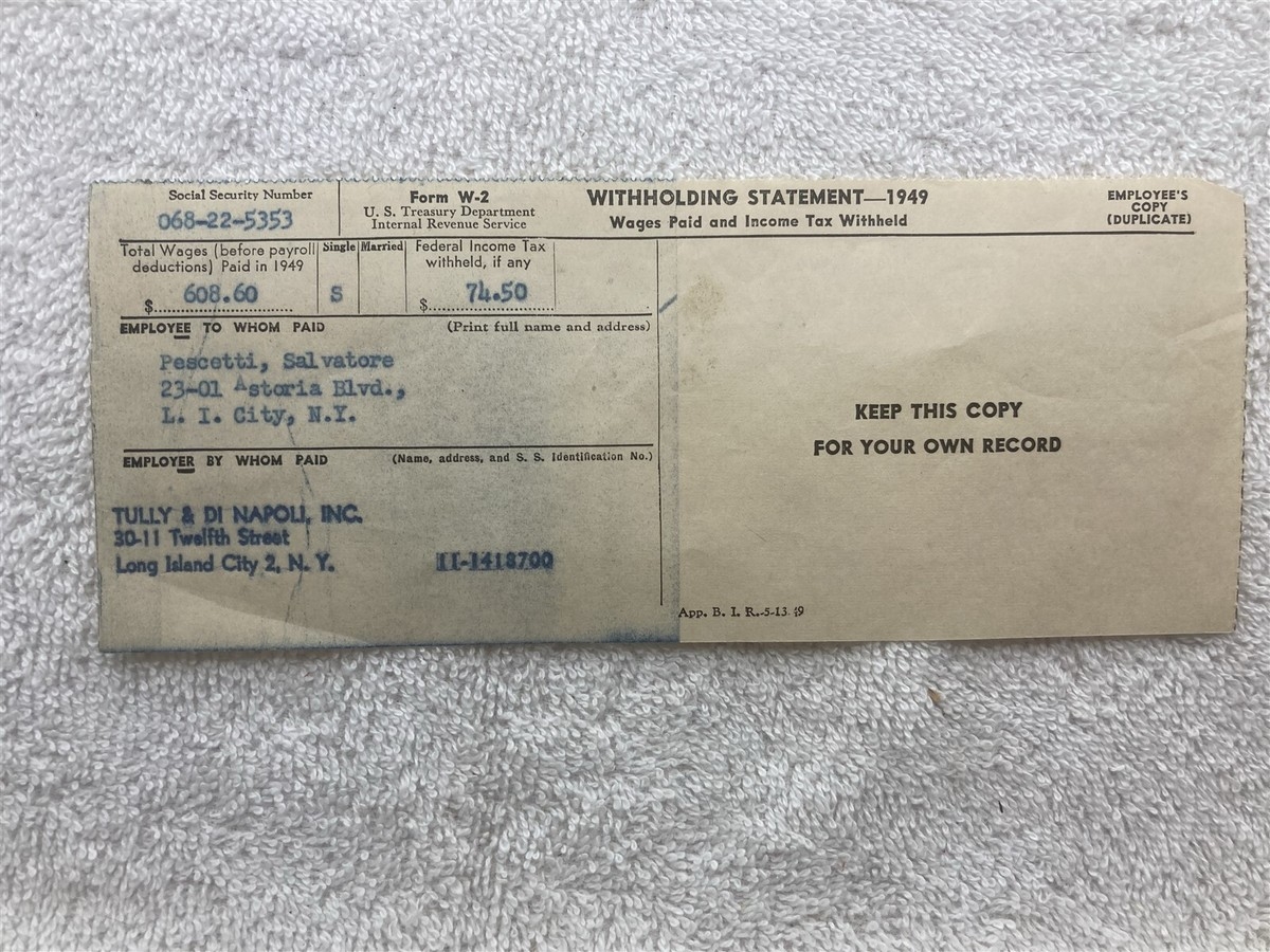 1949 W 2 Tax Form Tully U0026 Di Napoli Inc Long Island City New York NY Vtg EBay