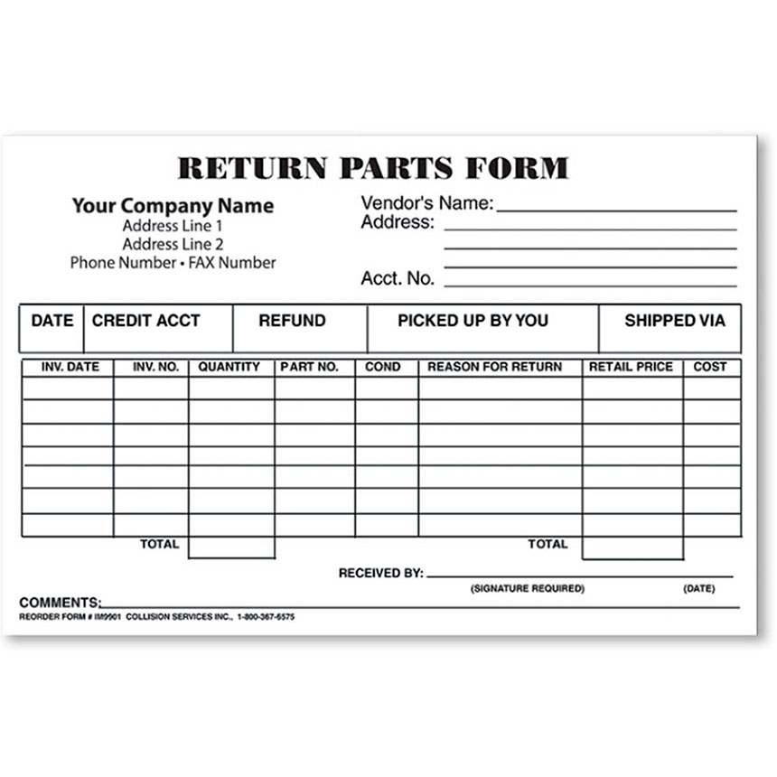 2 Part Return Parts Form