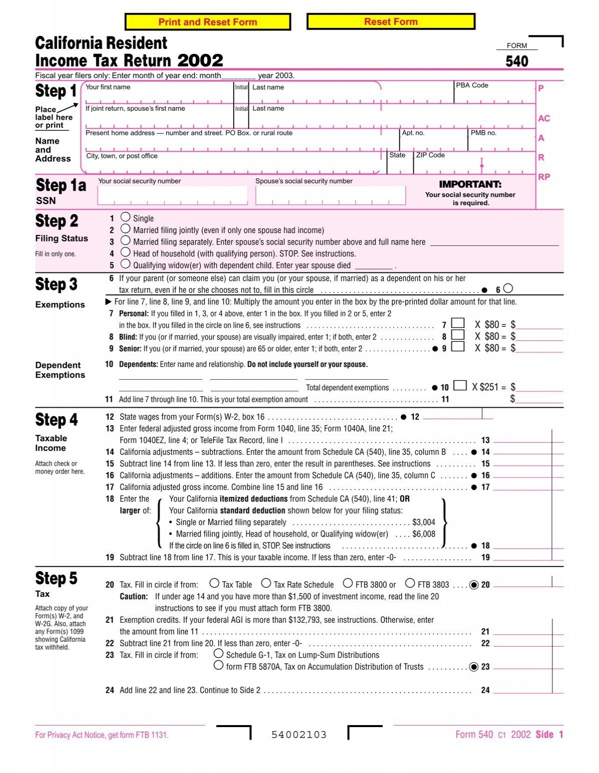 2002 Form 540 California Resident Income Tax Return 2002