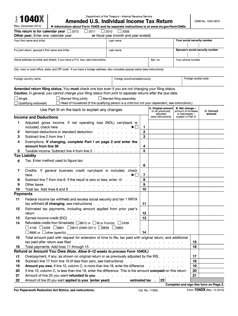 2012 Form IRS 1040 X Fill Online Printable Fillable Blank PdfFiller